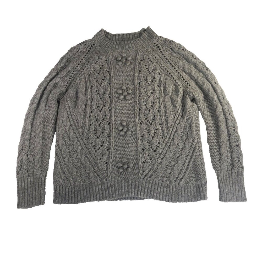J. Crew Chunky Cable Knit Pointelle Grey Women's M Sweater Flowers Alpaca Wool